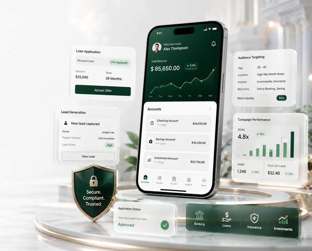 Financial services marketing: banking app with lead generation, audience targeting, and 4.8x ROAS campaign performance