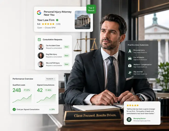 Law firm marketing: top-3 Google result with consultation requests, qualified leads, and signed cases