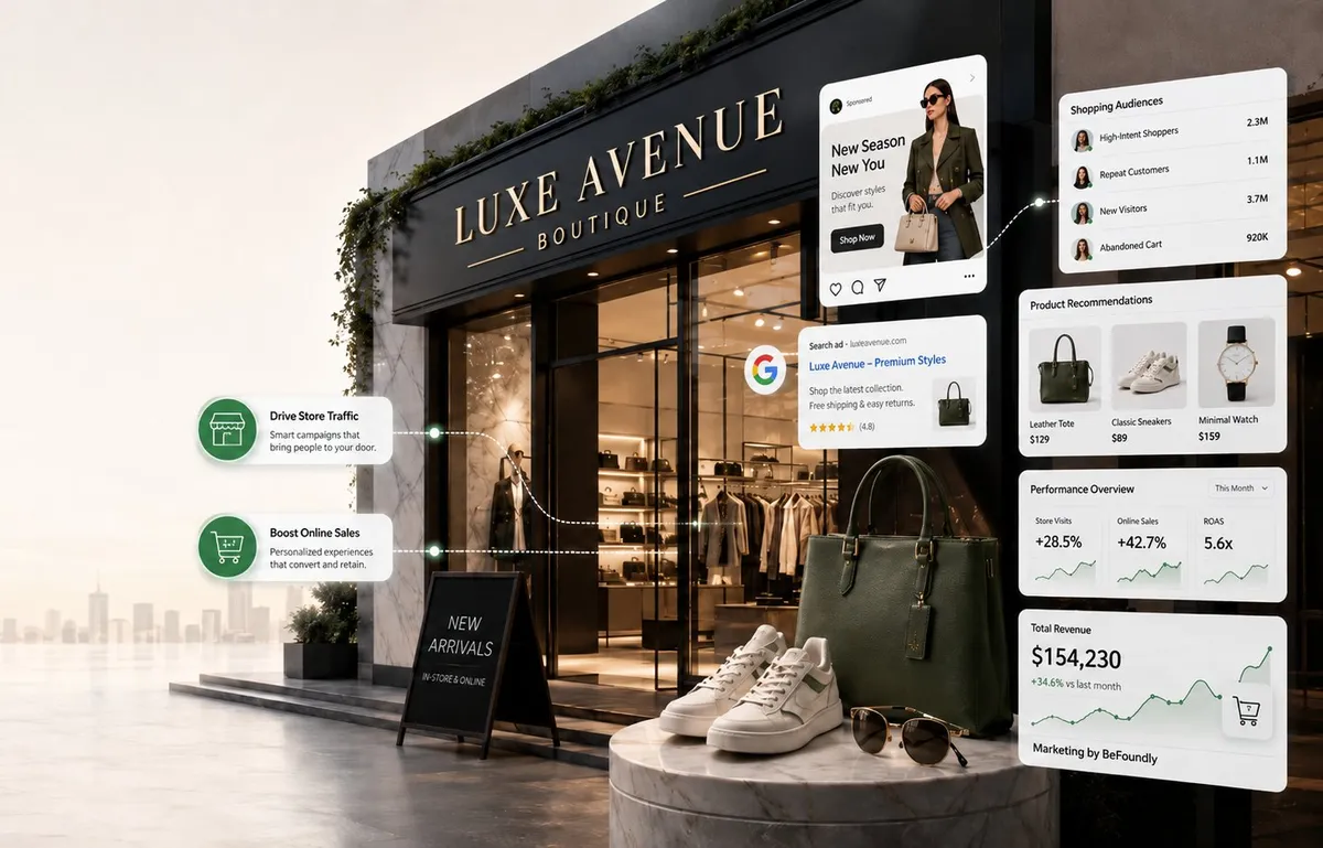 Retail boutique marketing with shopping ads, store traffic, audiences, and revenue growth