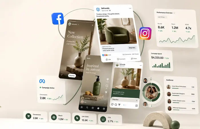 Facebook and Instagram ad creatives with Meta campaign performance, reach, ROAS, and audience segments